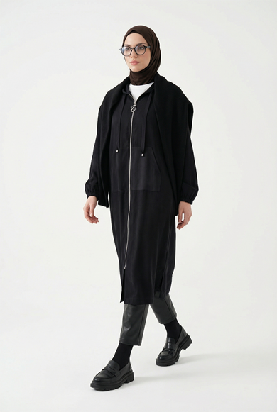 Boydan Fermuarlı Beli İpli Kapüşonlu Giy Çık Siyah 26YT712