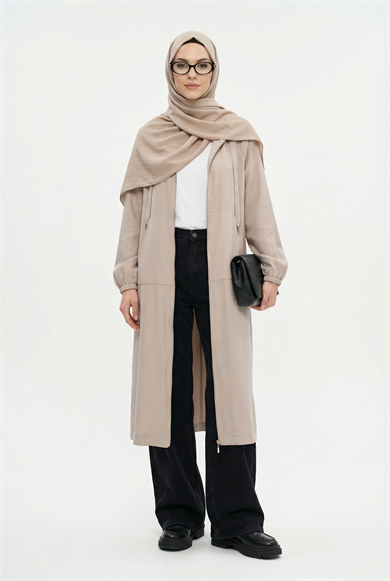 Boydan Fermuarlı Beli İpli Kapüşonlu Giy Çık Taş 26YT712