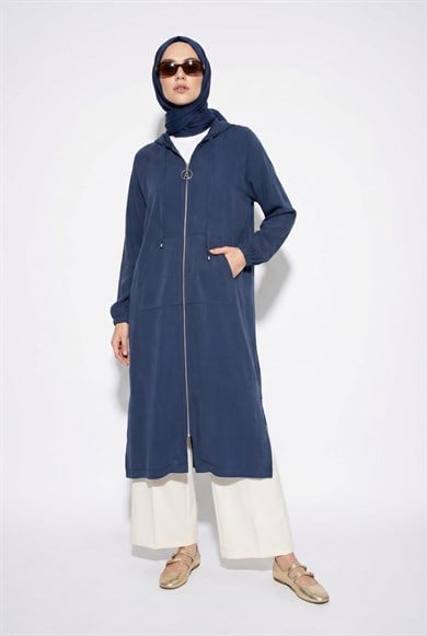 Boydan Fermuarlı Beli İpli Kapüşonlu Giy Çık İndigo 26YT712