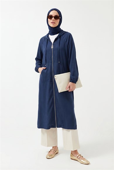 Boydan Fermuarlı Beli İpli Kapüşonlu Giy Çık İndigo 26YT712