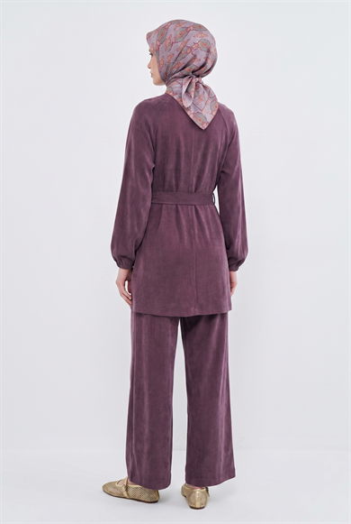 Boydan Fermuarlı Beli Kemerli Pantolonlu İkili Takım Mürdüm 26YT6138