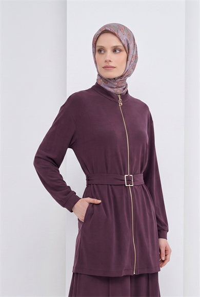 Boydan Fermuarlı Beli Kemerli Pantolonlu İkili Takım Mürdüm 26YT6138