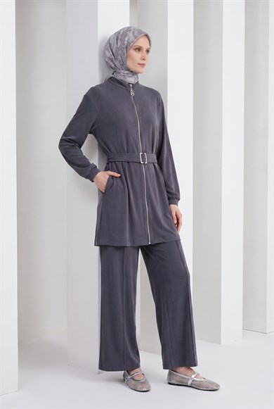 Boydan Fermuarlı Beli Kemerli Pantolonlu İkili Takım Lacivert 26YT6138