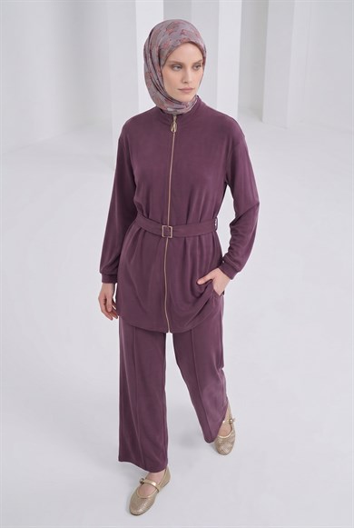 Boydan Fermuarlı Beli Kemerli Pantolonlu İkili Takım Mürdüm 26YT6138
