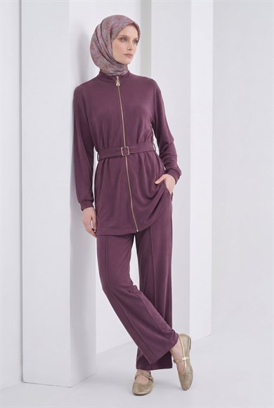 Boydan Fermuarlı Beli Kemerli Pantolonlu İkili Takım Mürdüm 26YT6138