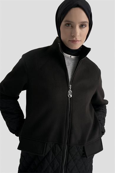 Boydan Fermuarlı Cepli Kapitone Ceket Siyah 25KT569