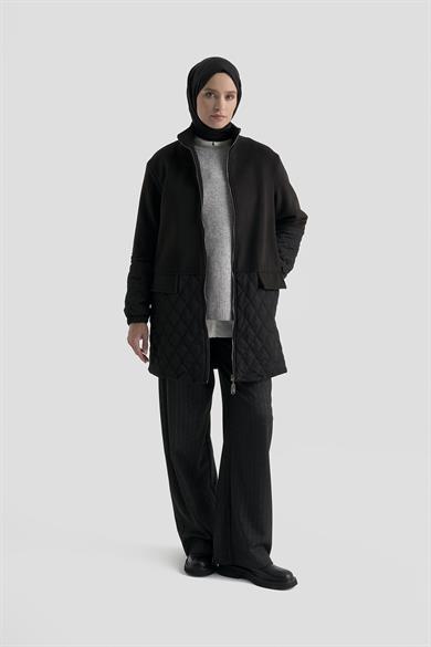 Boydan Fermuarlı Cepli Kapitone Ceket Siyah 25KT569