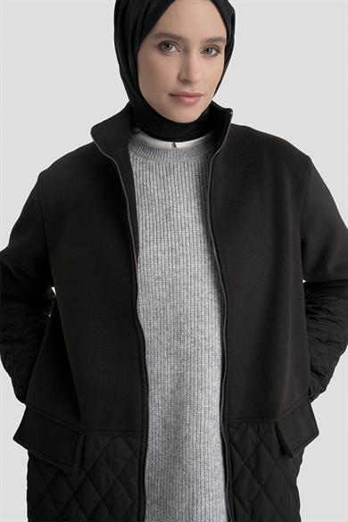 Boydan Fermuarlı Cepli Kapitone Ceket Siyah 25KT569