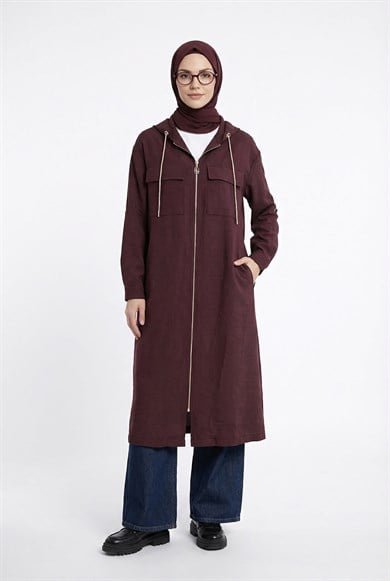 Boydan Fermuarlı Çift Cepli Kapüşonlu Giy Çık Bordo 26YT503