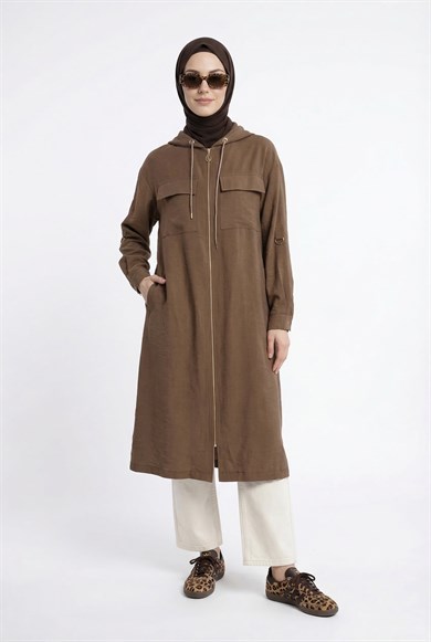 Boydan Fermuarlı Çift Cepli Kapüşonlu Giy Çık Tarçın 26YT503