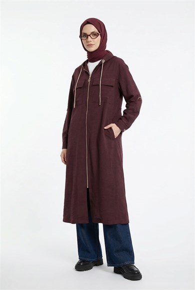 Boydan Fermuarlı Çift Cepli Kapüşonlu Giy Çık Bordo 26YT503