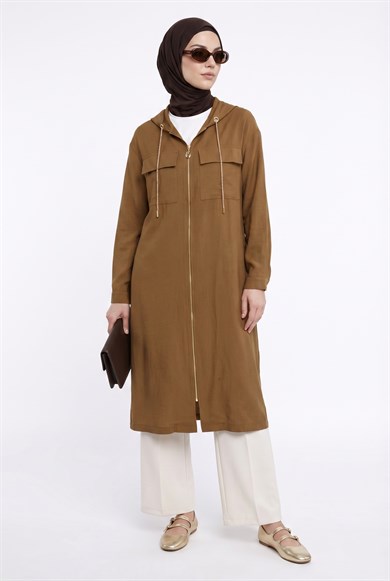 Boydan Fermuarlı Çift Cepli Kapüşonlu Giy Çık Camel 26YT503