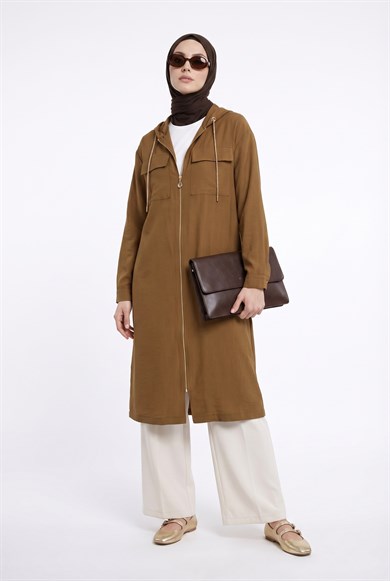 Boydan Fermuarlı Çift Cepli Kapüşonlu Giy Çık Camel 26YT503