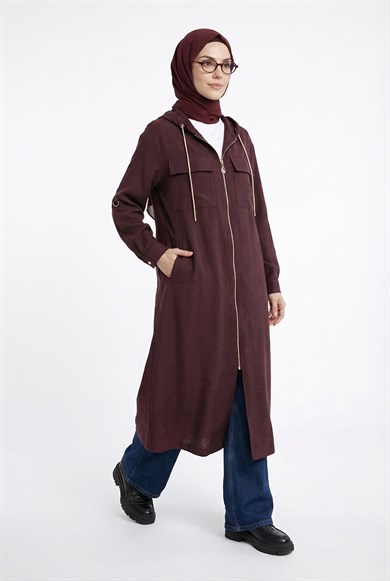 Boydan Fermuarlı Çift Cepli Kapüşonlu Giy Çık Bordo 26YT503