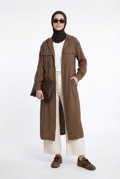 Boydan Fermuarlı Çift Cepli Kapüşonlu Giy Çık Tarçın 26YT503