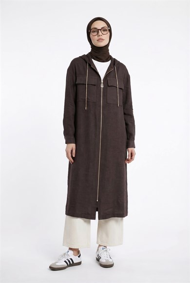 Boydan Fermuarlı Çift Cepli Kapüşonlu Giy Çık Bitter 26YT503