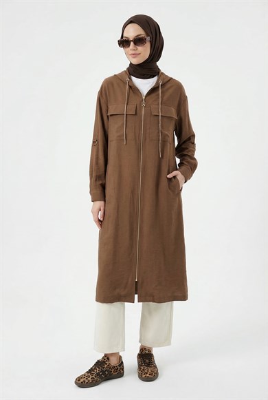 Boydan Fermuarlı Çift Cepli Kapüşonlu Giy Çık Tarçın 26YT503