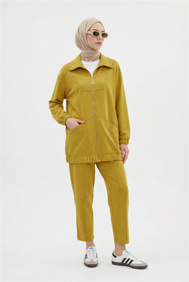 Boydan Fermuarlı Kolları Lastikli Cepli Pantolonlu İkili Spor Takım Hardal 26YT6103