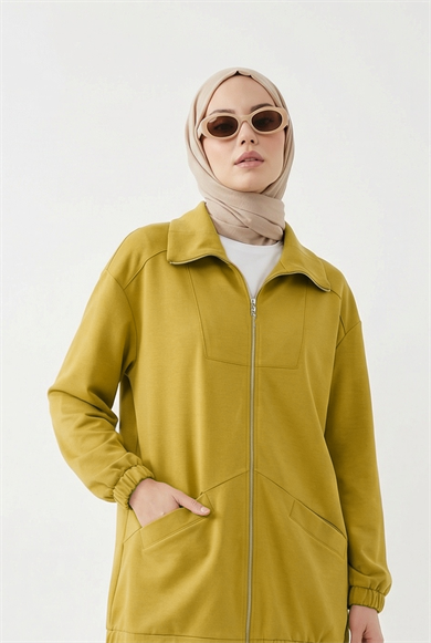 Boydan Fermuarlı Kolları Lastikli Cepli Pantolonlu İkili Spor Takım Hardal 26YT6103