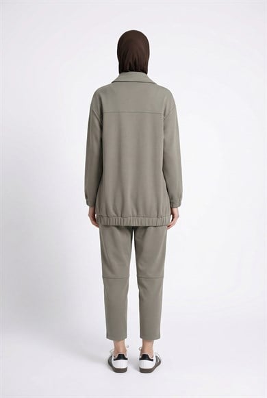 Boydan Fermuarlı Kolları Lastikli Cepli Pantolonlu İkili Spor Takım Küf Yeşili 26YT6103