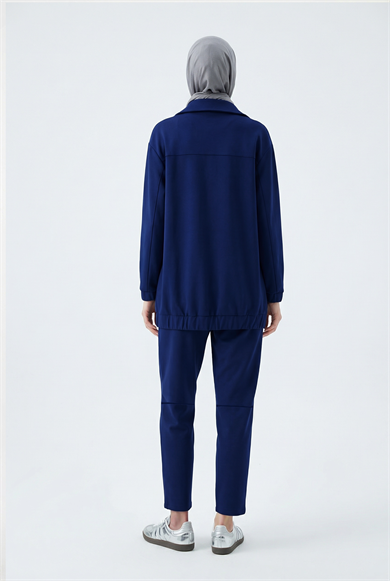 Boydan Fermuarlı Kolları Lastikli Cepli Pantolonlu İkili Spor Takım İndigo 26YT6103