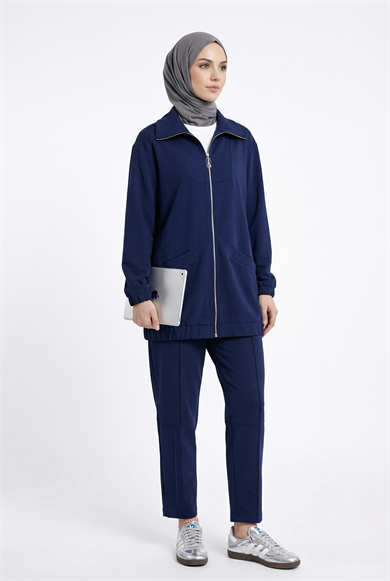 Boydan Fermuarlı Kolları Lastikli Cepli Pantolonlu İkili Spor Takım İndigo 26YT6103