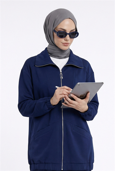 Boydan Fermuarlı Kolları Lastikli Cepli Pantolonlu İkili Spor Takım İndigo 26YT6103