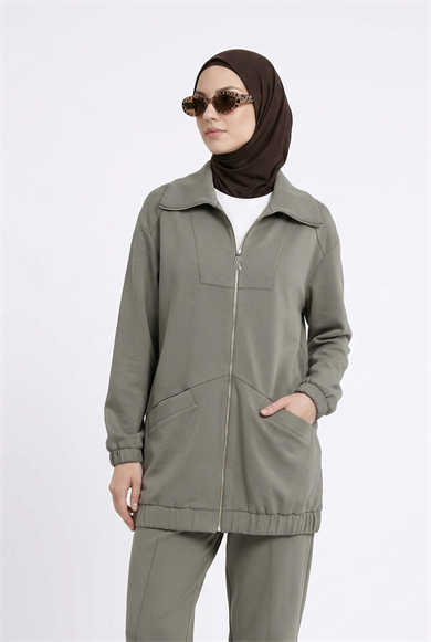 Boydan Fermuarlı Kolları Lastikli Cepli Pantolonlu İkili Spor Takım Küf Yeşili 26YT6103