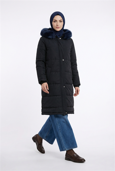 Boydan Fermuarlı Yanları Fermuar Detaylı Kapüşonu Kürklü Mont Lacivert 25KT748