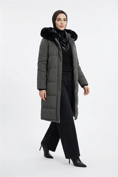 Boydan Fermuarlı Yanları Fermuar Detaylı Kapüşonu Kürklü Mont Antrasit 25KT748
