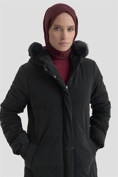 Boydan Fermuarlı Yanları Fermuar Detaylı Kapüşonu Kürklü Mont Lacivert 25KT744