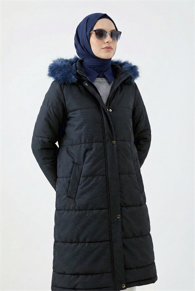 Boydan Fermuarlı Yanları Fermuar Detaylı Kapüşonu Kürklü Mont Lacivert 25KT748