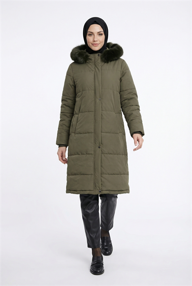 Boydan Fermuarlı Yanları Fermuar Detaylı Kapüşonu Kürklü Mont Haki 25KT748