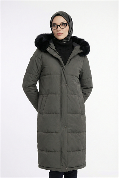 Boydan Fermuarlı Yanları Fermuar Detaylı Kapüşonu Kürklü Mont Antrasit 25KT748