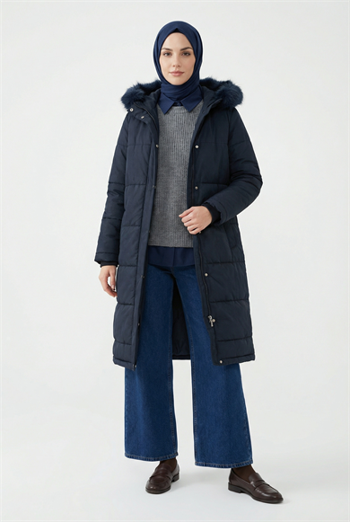 Boydan Fermuarlı Yanları Fermuar Detaylı Kapüşonu Kürklü Mont Lacivert 25KT748