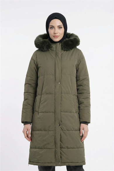 Boydan Fermuarlı Yanları Fermuar Detaylı Kapüşonu Kürklü Mont Haki 25KT748