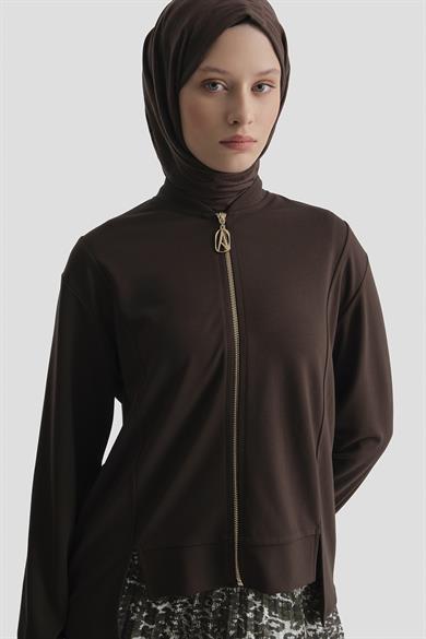 Boydan Fermuarlı Yırtmaç Detaylı Leopar Desenli Piliseli Etekli İkili Takım Kahverengi 25KT6100