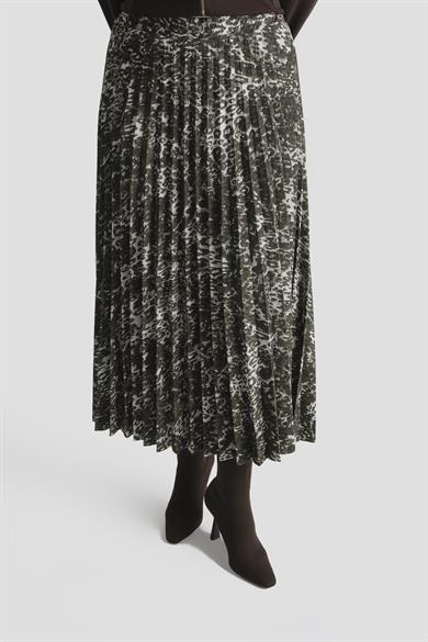 Boydan Fermuarlı Yırtmaç Detaylı Leopar Desenli Piliseli Etekli İkili Takım Kahverengi 25KT6100