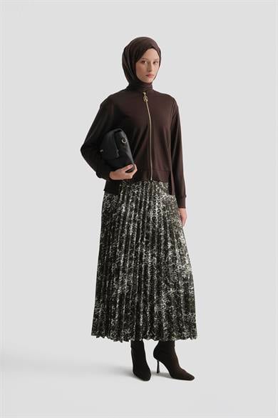 Boydan Fermuarlı Yırtmaç Detaylı Leopar Desenli Piliseli Etekli İkili Takım Kahverengi 25KT6100