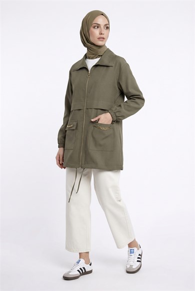 Cebi Zincir Detaylı Boydan Fermuarlı Ceket Haki 26YT515