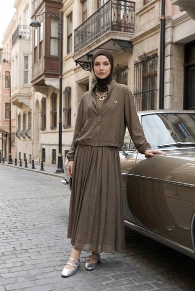 Ceketi Broş Detaylı Şifon Etekli İkili Takım Vizon 26YT649