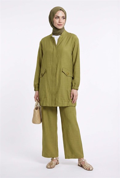 Cep Detaylı Boydan Fermuarlı Pantolonlu Keten İkili Takım Olive 26YT612