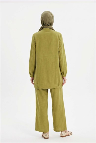 Cep Detaylı Boydan Fermuarlı Pantolonlu Keten İkili Takım Olive 26YT612