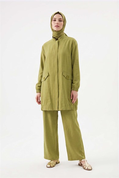 Cep Detaylı Boydan Fermuarlı Pantolonlu Keten İkili Takım Olive 26YT612