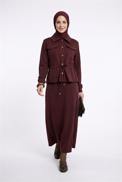Cep Kapağı Detaylı Belden Sıkmalı Fitilli Etekli İkili Takım Mürdüm 25KT659