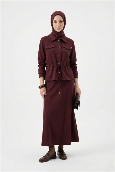 Cep Kapağı Detaylı Belden Sıkmalı Fitilli Etekli İkili Takım Mürdüm 25KT659