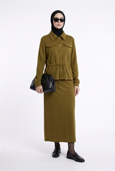 Cep Kapağı Detaylı Belden Sıkmalı Fitilli Etekli İkili Takım Yağ Yeşili 25KT659