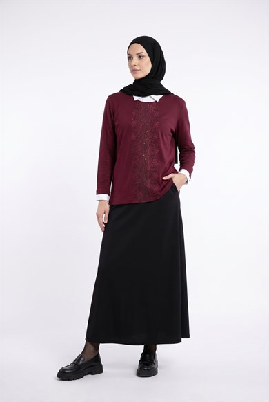 Çiçek Desenli Taş Detaylı Anne Penyesi Bordo 25YTD477