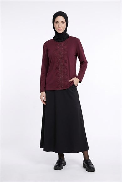 Çiçek Desenli Taş Detaylı Anne Penyesi Bordo 25YTD477