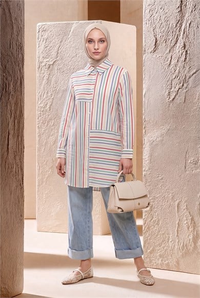 Çizgili Asimetrik Blok Detaylı Düğmeli Uzun Kollu Oversize Gömlek Tunik 90 cm Boy Oranj 26YT490